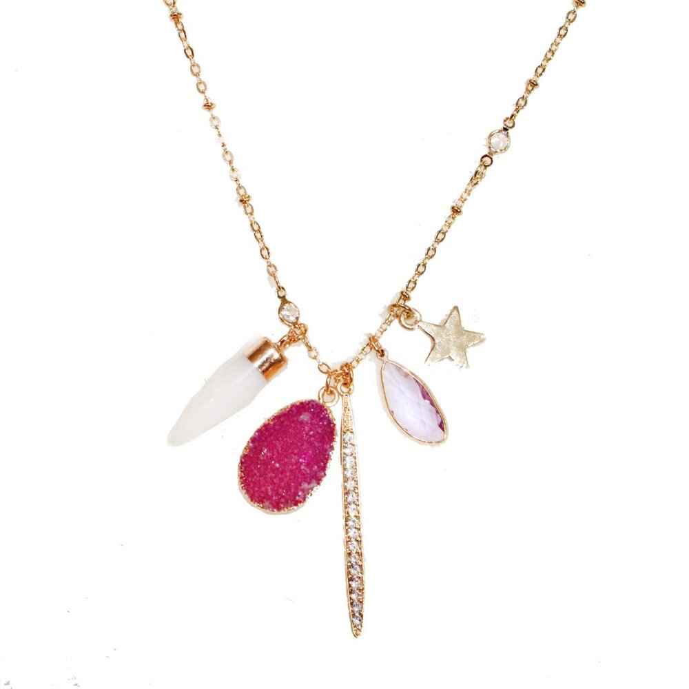 🌟Gold Tone Pink Druzy Star Crystal Healing Stone Charm Necklace🌟